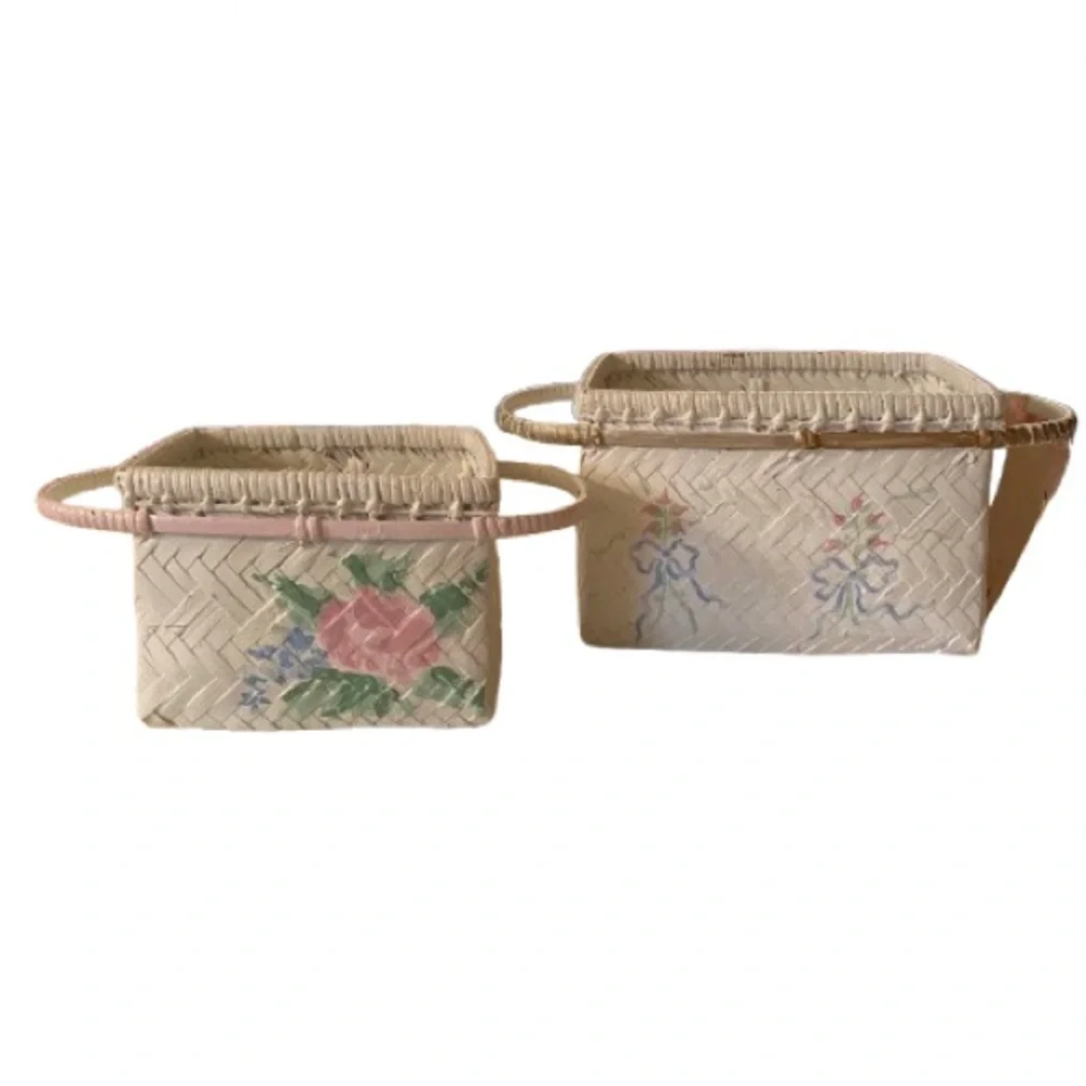 Vintage Set 2 White Wicker Baskets Hand Painted Sturdy Shabby Chic Cottagecore